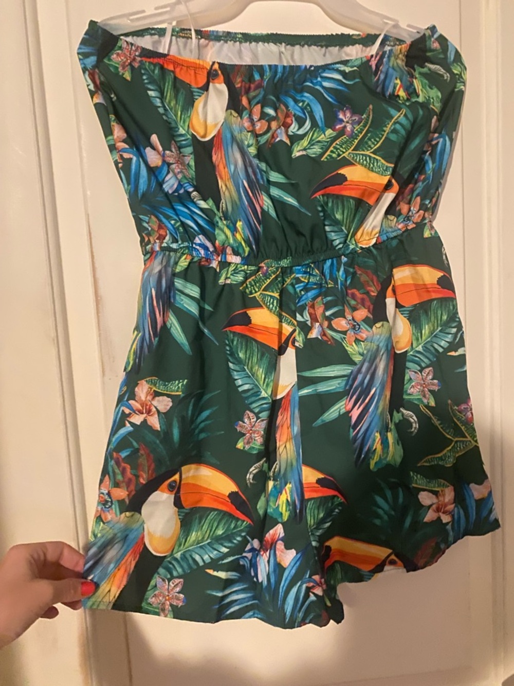 SHEIN Dark Green Tropical Print Strapless Romper with Toucan Accent - Picture 2 of 3